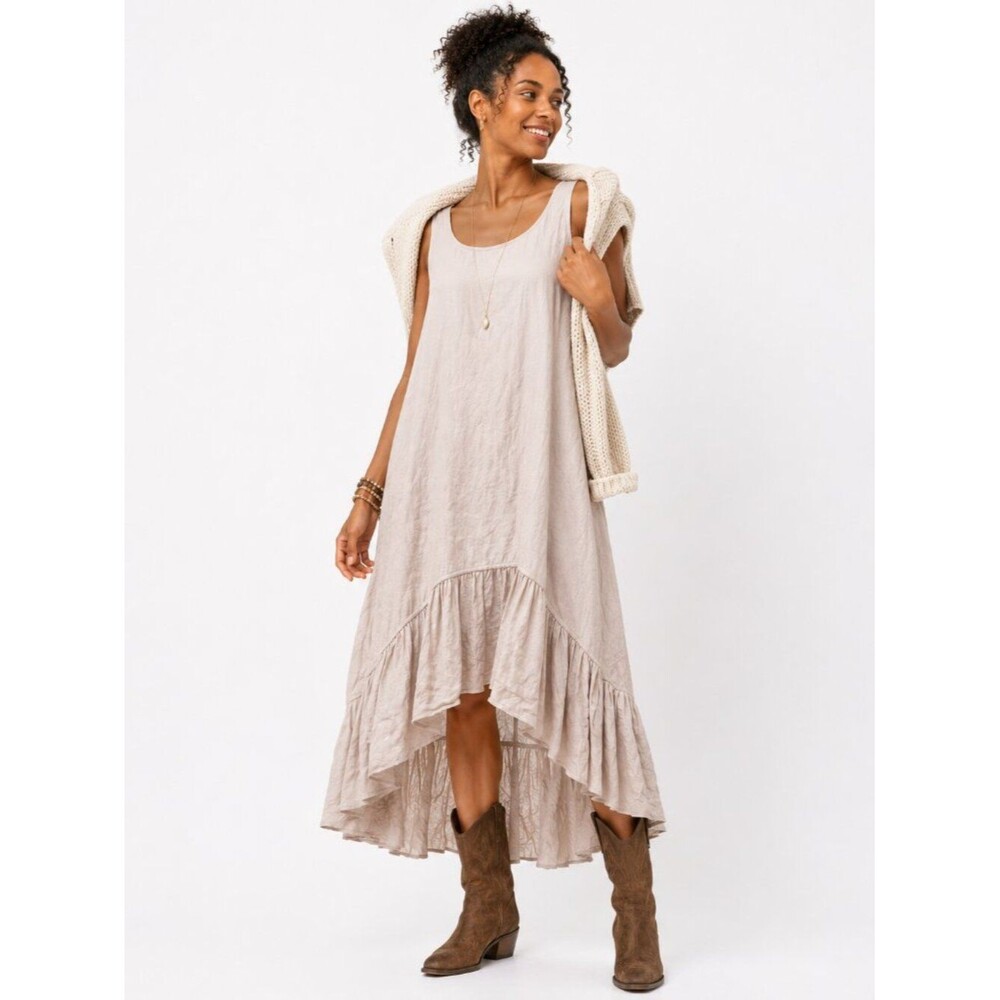 Made in Italy 100% linen tan Hi-Low ruffle hem NWT Size Large/X-Large Midi dress